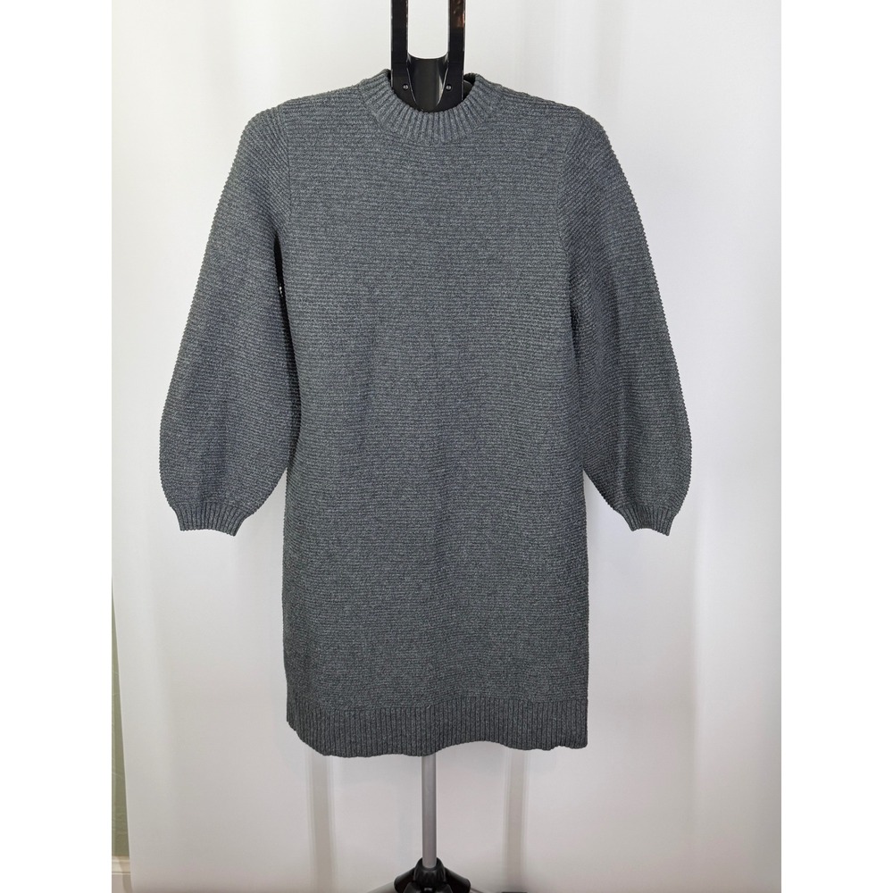Prologue Womens Gray Ribbed Knit Balloon Sleeve Sweater Dress Size M